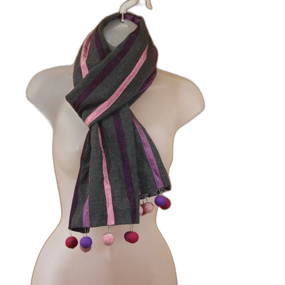 Unbranded Gray & Pink Striped Bauble Scarf Wrap 64" Long Felted Wool - Picture 2 of 5